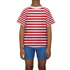 Red And White Stripes Pattern, Geometric Theme Kids  Short Sleeve Swimwear by Casemiro