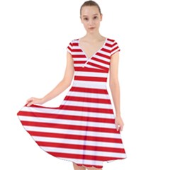 Red And White Stripes Pattern, Geometric Theme Cap Sleeve Front Wrap Midi Dress