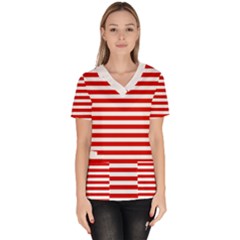 Red And White Stripes Pattern, Geometric Theme Women s V-neck Scrub Top by Casemiro