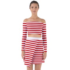 Red And White Stripes Pattern, Geometric Theme Off Shoulder Top With Skirt Set by Casemiro