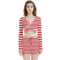 Red And White Stripes Pattern, Geometric Theme Velvet Wrap Crop Top And Shorts Set by Casemiro