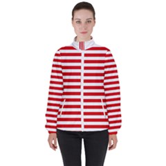 Red And White Stripes Pattern, Geometric Theme Women s High Neck Windbreaker by Casemiro