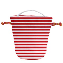 Red And White Stripes Pattern, Geometric Theme Drawstring Bucket Bag by Casemiro