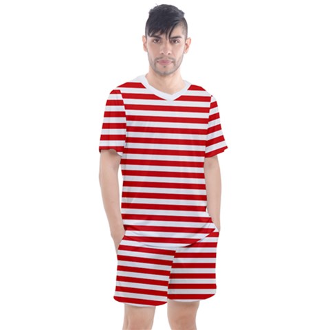 Red And White Stripes Pattern, Geometric Theme Men s Mesh Tee And Shorts Set by Casemiro