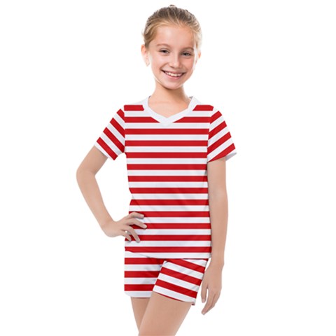 Red And White Stripes Pattern, Geometric Theme Kids  Mesh Tee And Shorts Set by Casemiro