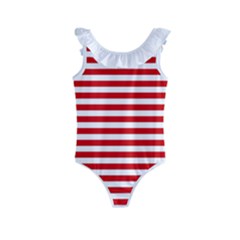 Red And White Stripes Pattern, Geometric Theme Kids  Frill Swimsuit by Casemiro