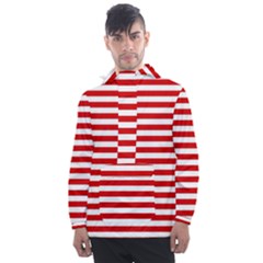 Red And White Stripes Pattern, Geometric Theme Men s Front Pocket Pullover Windbreaker by Casemiro