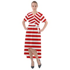 Red And White Stripes Pattern, Geometric Theme Front Wrap High Low Dress by Casemiro