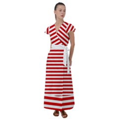 Red And White Stripes Pattern, Geometric Theme Flutter Sleeve Maxi Dress by Casemiro