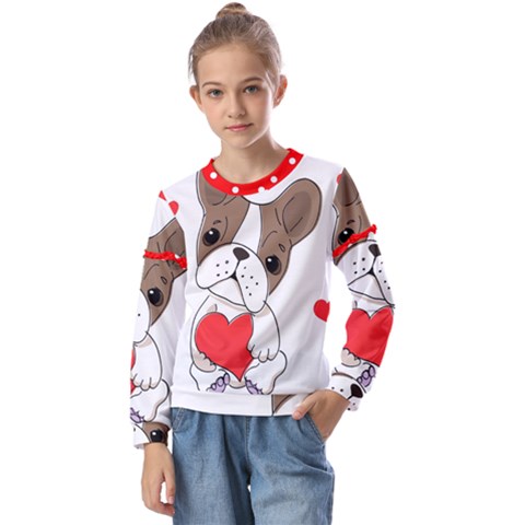 French Bulldog Hearts Kids  Long Sleeve Tee With Frill  by SomethingForEveryone