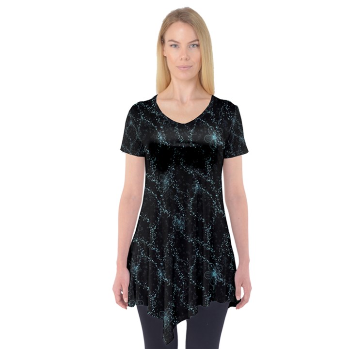 Turquoise Abstract Flowers With Splashes On A Dark Background  Abstract Print Short Sleeve Tunic 