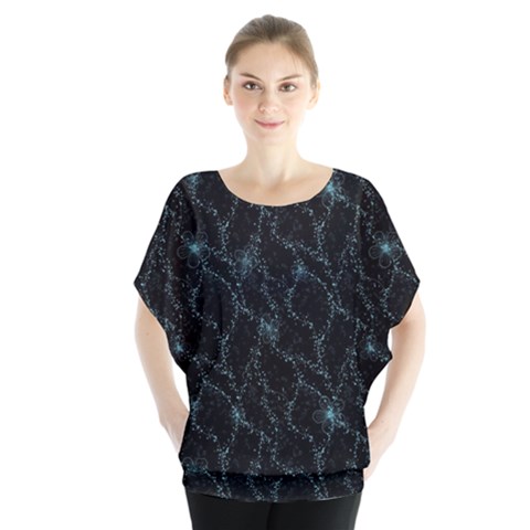 Turquoise Abstract Flowers With Splashes On A Dark Background  Abstract Print Batwing Chiffon Blouse by SychEva