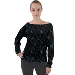 Turquoise Abstract Flowers With Splashes On A Dark Background  Abstract Print Off Shoulder Long Sleeve Velour Top by SychEva