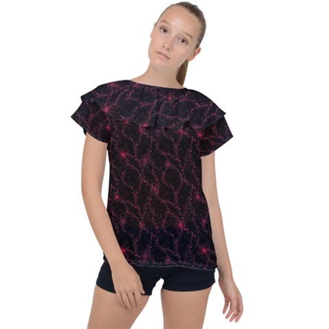 Pink Abstract Flowers With Splashes On A Dark Background  Abstract Print Ruffle Collar Chiffon Blouse by SychEva