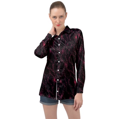 Pink Abstract Flowers With Splashes On A Dark Background  Abstract Print Long Sleeve Satin Shirt by SychEva