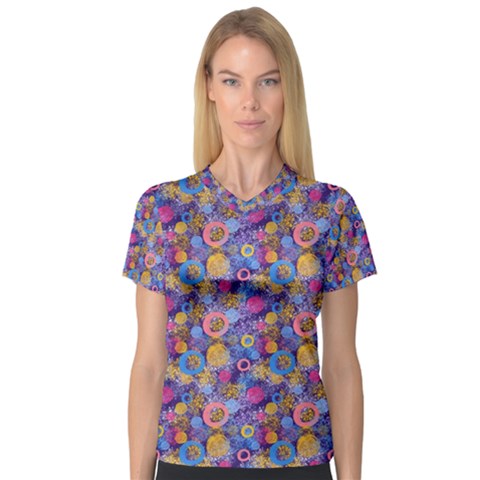 Multicolored Circles And Spots V-neck Sport Mesh Tee by SychEva