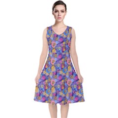 Multicolored Circles And Spots V-neck Midi Sleeveless Dress  by SychEva