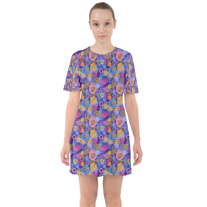 Multicolored Circles And Spots Sixties Short Sleeve Mini Dress