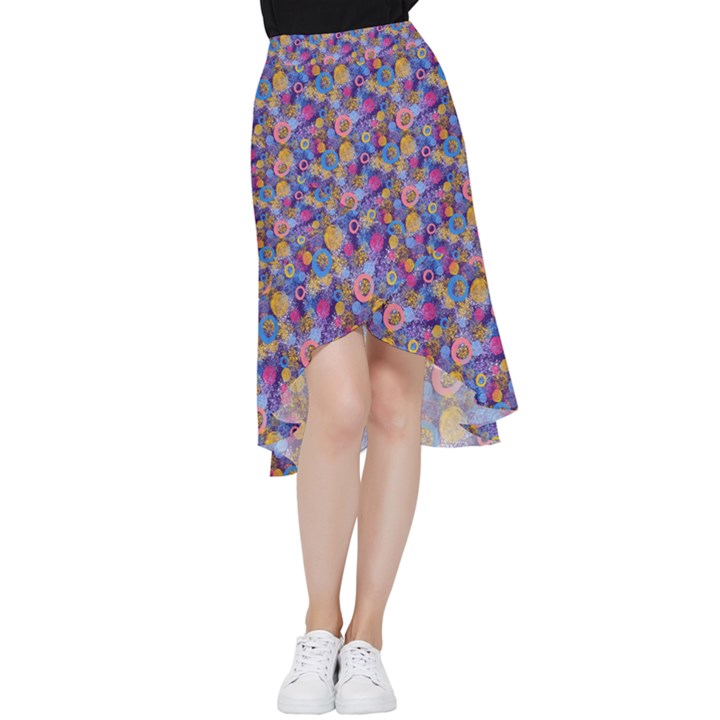 Multicolored Circles And Spots Frill Hi Low Chiffon Skirt