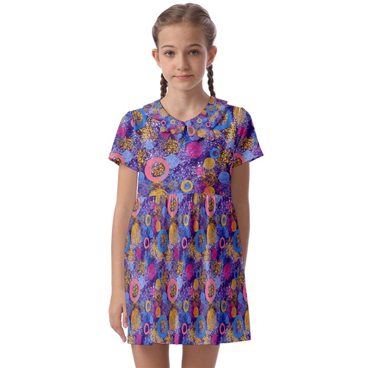 Multicolored Circles And Spots Kids  Asymmetric Collar Dress