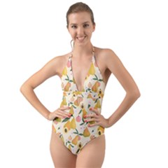 Yellow Juicy Pears And Apricots Halter Cut-out One Piece Swimsuit by SychEva