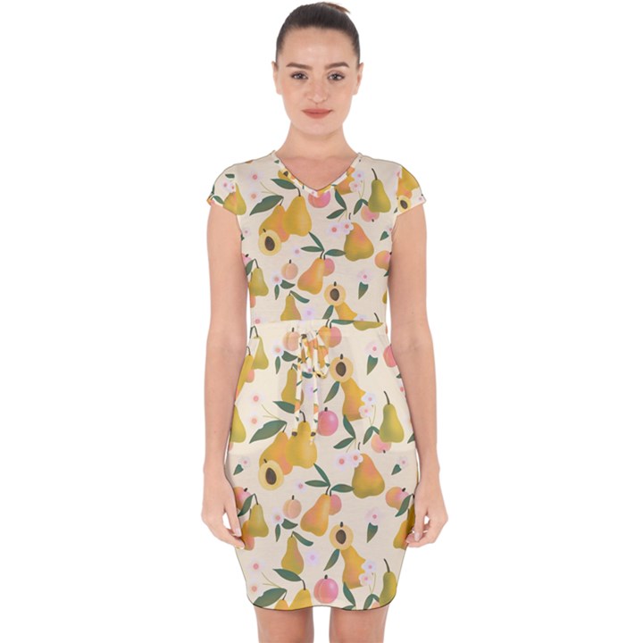 Yellow Juicy Pears And Apricots Capsleeve Drawstring Dress 