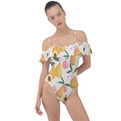 Yellow Juicy Pears And Apricots Frill Detail One Piece Swimsuit by SychEva