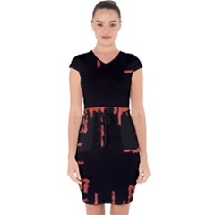 Red And Black Abstract Grunge Print Capsleeve Drawstring Dress 