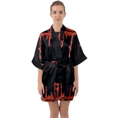 Red And Black Abstract Grunge Print Half Sleeve Satin Kimono 