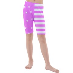 Saturated Pink Lines And Stars Pattern, Geometric Theme Kids  Mid Length Swim Shorts by Casemiro