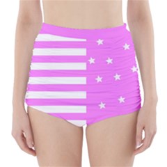 Saturated Pink Lines And Stars Pattern, Geometric Theme High-waisted Bikini Bottoms by Casemiro