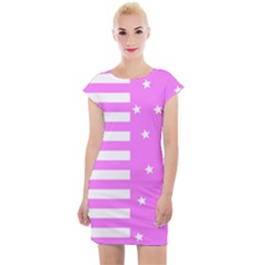 Saturated Pink Lines And Stars Pattern, Geometric Theme Cap Sleeve Bodycon Dress by Casemiro