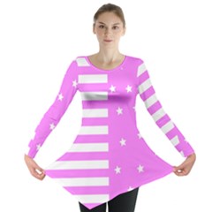 Saturated Pink Lines And Stars Pattern, Geometric Theme Long Sleeve Tunic  by Casemiro