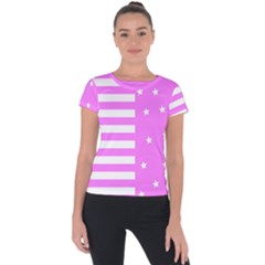 Saturated Pink Lines And Stars Pattern, Geometric Theme Short Sleeve Sports Top  by Casemiro