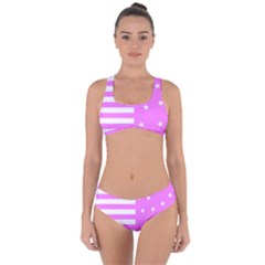 Saturated Pink Lines And Stars Pattern, Geometric Theme Criss Cross Bikini Set