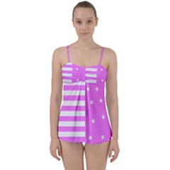 Saturated Pink Lines And Stars Pattern, Geometric Theme Babydoll Tankini Set