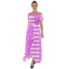 Saturated Pink Lines And Stars Pattern, Geometric Theme Off Shoulder Open Front Chiffon Dress