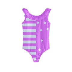 Saturated Pink Lines And Stars Pattern, Geometric Theme Kids  Frill Swimsuit by Casemiro