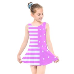 Saturated Pink Lines And Stars Pattern, Geometric Theme Kids  Skater Dress Swimsuit by Casemiro