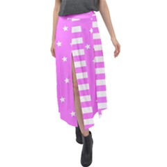 Saturated Pink Lines And Stars Pattern, Geometric Theme Velour Split Maxi Skirt by Casemiro