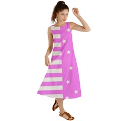 Saturated Pink Lines And Stars Pattern, Geometric Theme Summer Maxi Dress by Casemiro