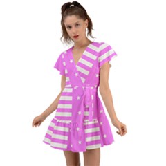 Saturated Pink Lines And Stars Pattern, Geometric Theme Flutter Sleeve Wrap Dress by Casemiro