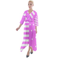 Saturated Pink Lines And Stars Pattern, Geometric Theme Quarter Sleeve Wrap Front Maxi Dress by Casemiro