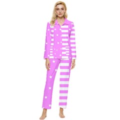 Saturated Pink Lines And Stars Pattern, Geometric Theme Womens  Long Sleeve Pocket Pajamas Set by Casemiro