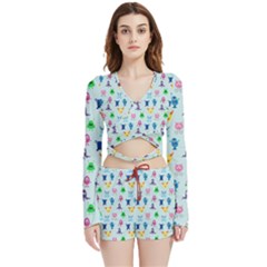 Funny Monsters Velvet Wrap Crop Top And Shorts Set by SychEva