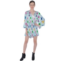 Funny Monsters V-neck Flare Sleeve Mini Dress by SychEva