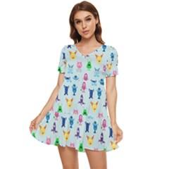 Funny Monsters Tiered Short Sleeve Mini Dress by SychEva