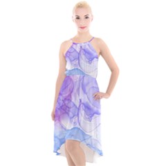 Purple And Blue Alcohol Ink  High-low Halter Chiffon Dress  by Dazzleway