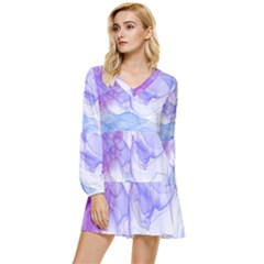 Purple And Blue Alcohol Ink  Tiered Long Sleeve Mini Dress