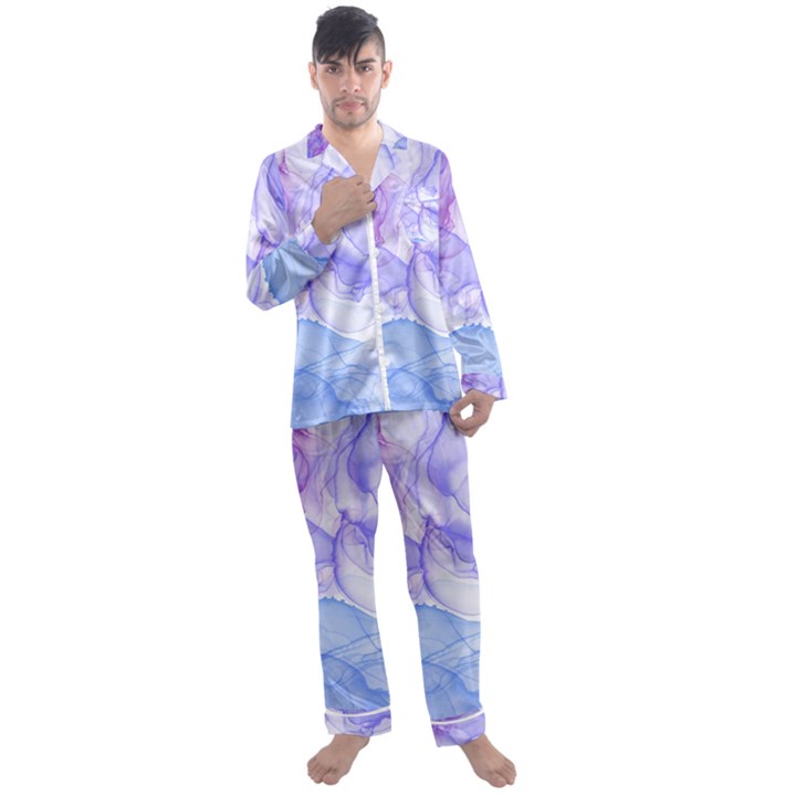 Purple and blue alcohol ink  Men s Long Sleeve Satin Pajamas Set